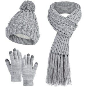 Women Winter Knitted Beanie Hat Scarf and Gloves Set Thick Warm Pom Cap